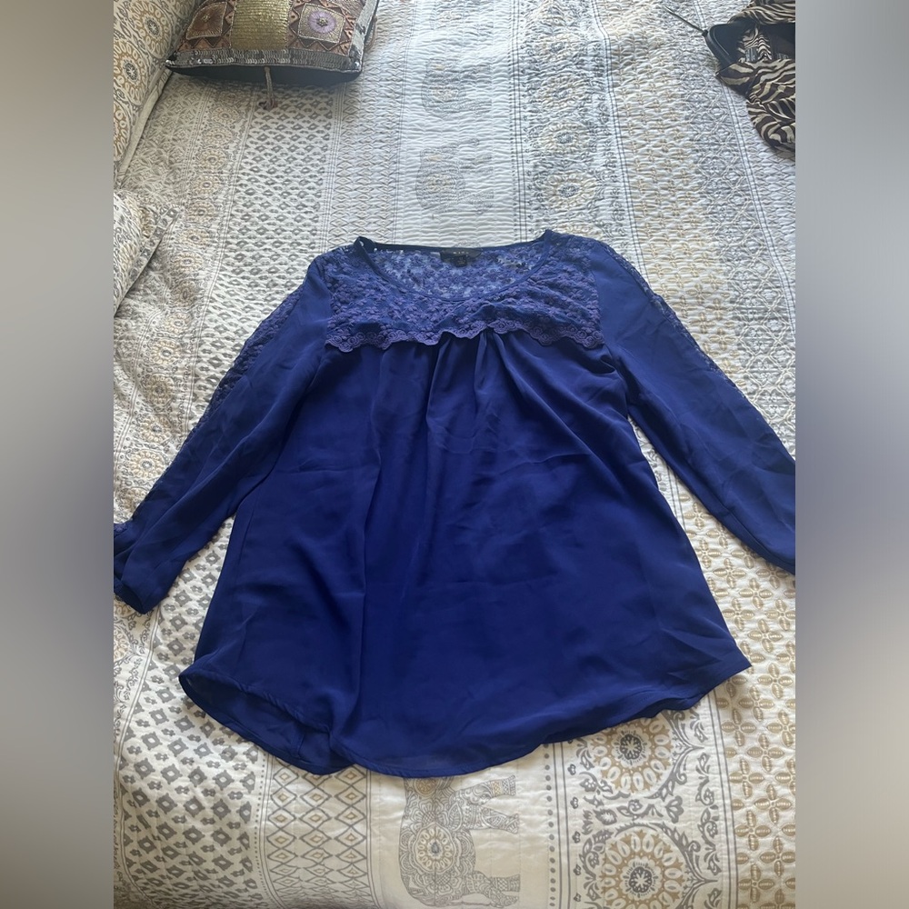 Mino Shirt Womens M Blue Crochet Pullover Flowy Long Sleeve Navy Top